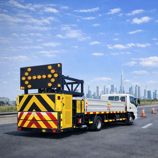 EMI MASH TL-3 certified crash cushion TMA truck deployed on Dubai highway with Burj Khalifa skyline in background